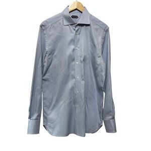 TOM FORD Dress Shirt Men 41 L Herringbone‎ Blue Made in Italy Business Classic